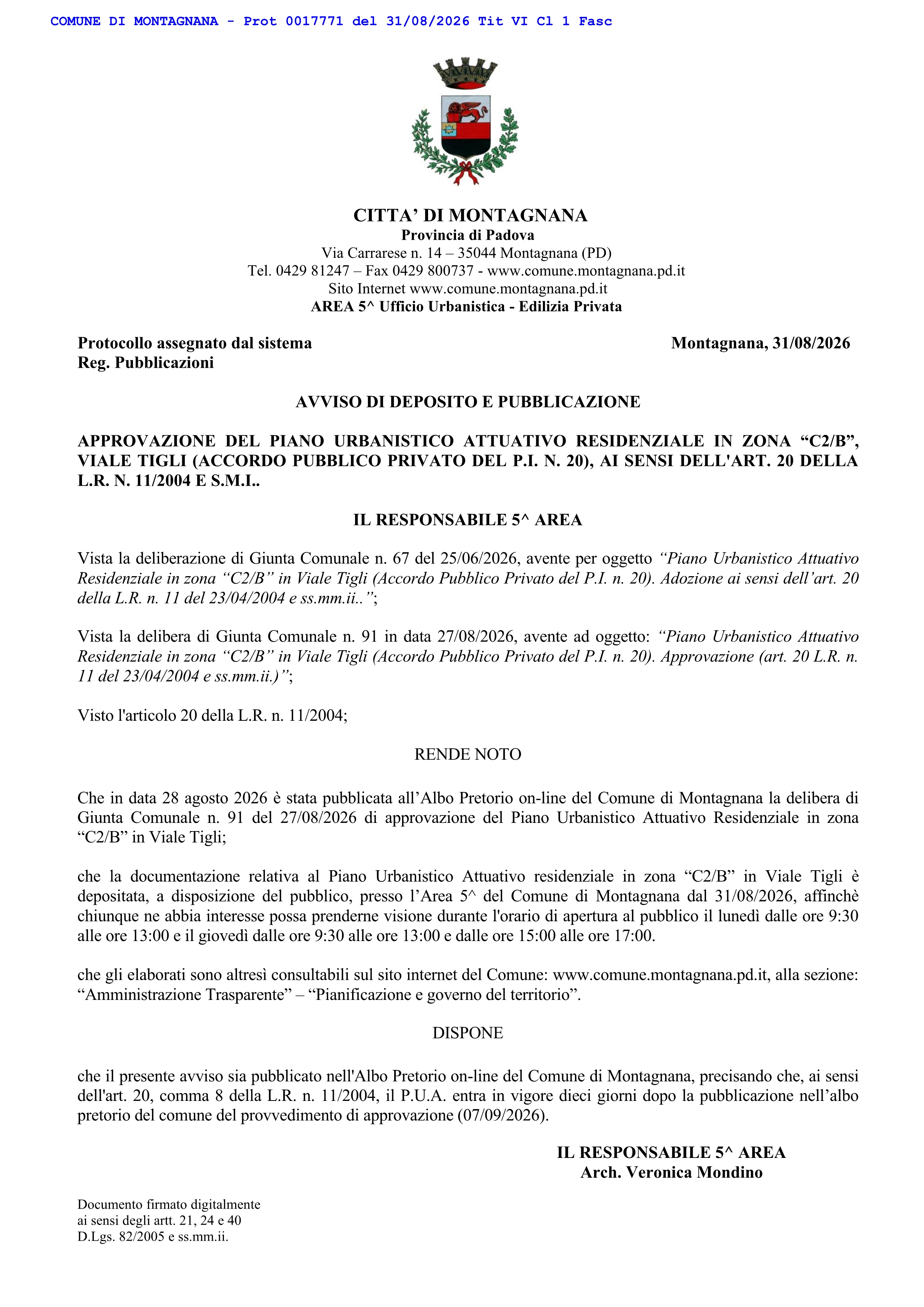 Avviso di deposito Approvazione P.U.A. Viale Tigli