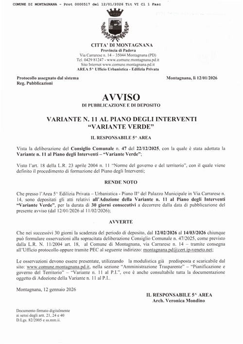 Avviso di pubblicazione e deposito variante n. 11 al Piano degli Interventi