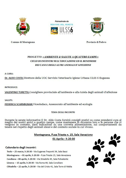 mercoledì 1° aprile 2026 - Incontro "Ambiente & Salute a quattro zampe" a cura della Provincia di Padova per possessori di cani